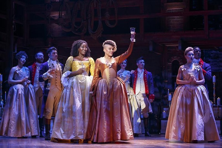 Amber Iman, Emily Raver-Lampman, and Hamilton company during the show's national tour. - JOAN MARCUS