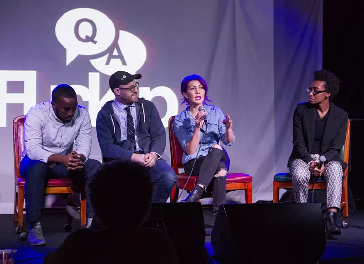 Terrence Martin, Aaron Hopkins-Johnson, and Julia Garcia during a FuckUp Nights Phoenix Q&A session moderated by Leah Marche at Valley Bar. - TALIMA FLORES-ALLAH / CRESCENT REFLECTIONS PHOTOGRAPHY