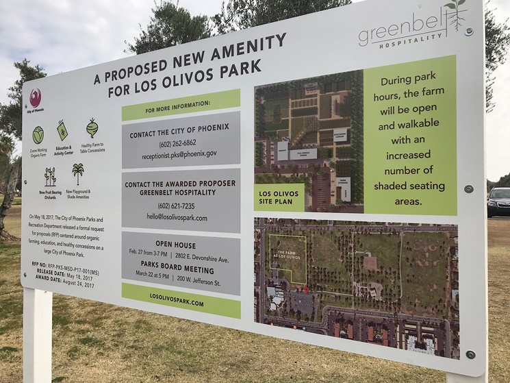 This sign at Los Olivos Park has important details about the proposed urban farm. - LYNN TRIMBLE