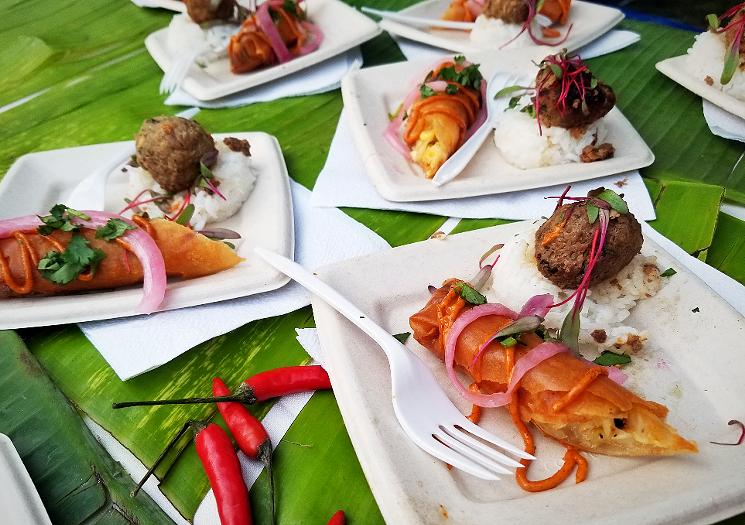 Good Fortune Kitchen, a pop-up Filipino restaurant, served corn-stuffed lumpia and adobo baboy meatballs. - PATRICIA ESCARCEGA
