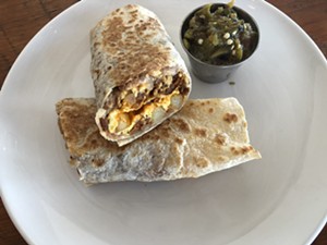 A breakfast burrito. Tacos Chiwas regs will notice that the Roland's tortilla is toasted for longer. - CHRIS MALLOY