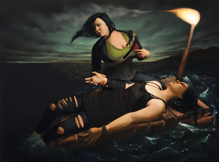 Rachel Bess, Adventure Taking a Turn, 2013. Oil on panel, 12" x 16". - COURTESY OF THE ARTIST AND LISA SETTE GALLERY