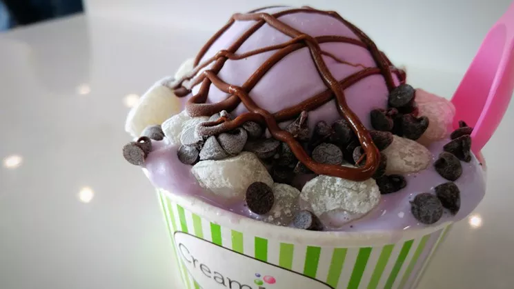 A taro ice cream cup with mochi marshmallows and chocolate drizzle at Creamistry, a liquid nitrogen ice cream shop with locations in Scottsdale and Phoenix. - PATRICIA ESCARCEGA