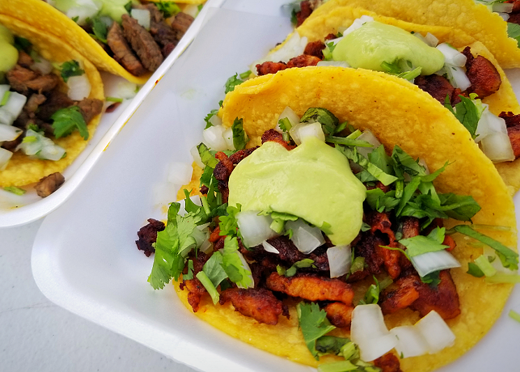All tacos at D Taco Pit are topped with a homemade guacamole salsa, plus the requisite cilantro and white onions. - PATRICIA ESCARCEGA