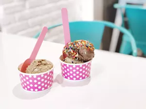A scoop of gluten-free oatmeal cinnamon dough, left, and sugar cookie dough topped with double chocolate malt ice cream and sprinkles, right. - MEAGAN MASTRIANI