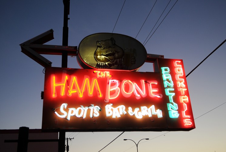 The neon sign for famed Mesa dive bar The Hambone. - BENJAMIN LEATHERMAN