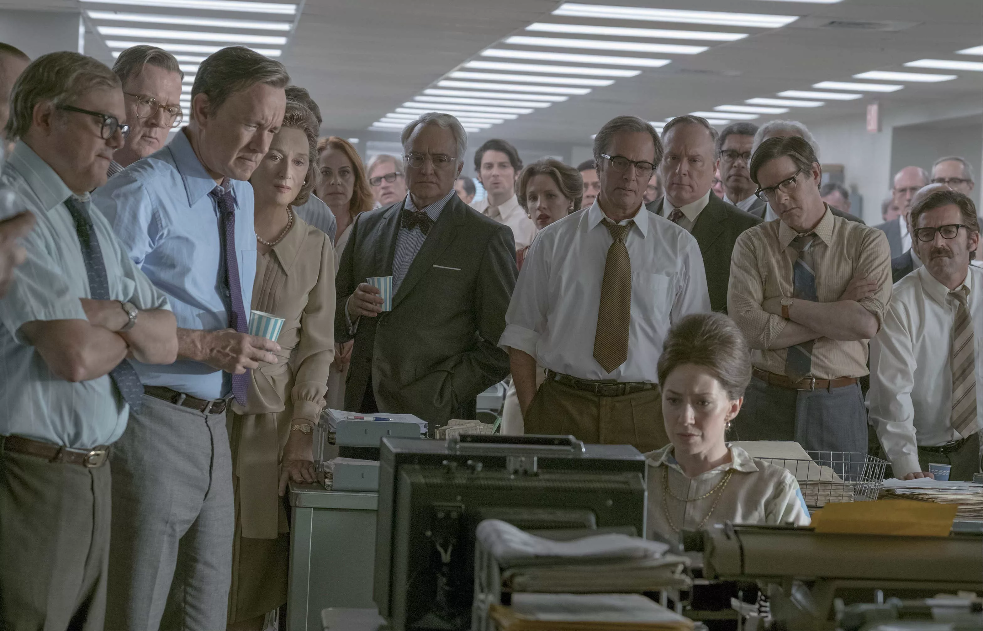 Washington Post editor Ben Bradlee, played in The Post by Tom Hanks (second from left), and publisher Katharine Graham (Meryl Streep, to Hanks' left) refused to compromise their values when they published the Pentagon Papers in 1971. - NIKO TAVERNISE/COURTESY OF TWENTIETH CENTURY FOX