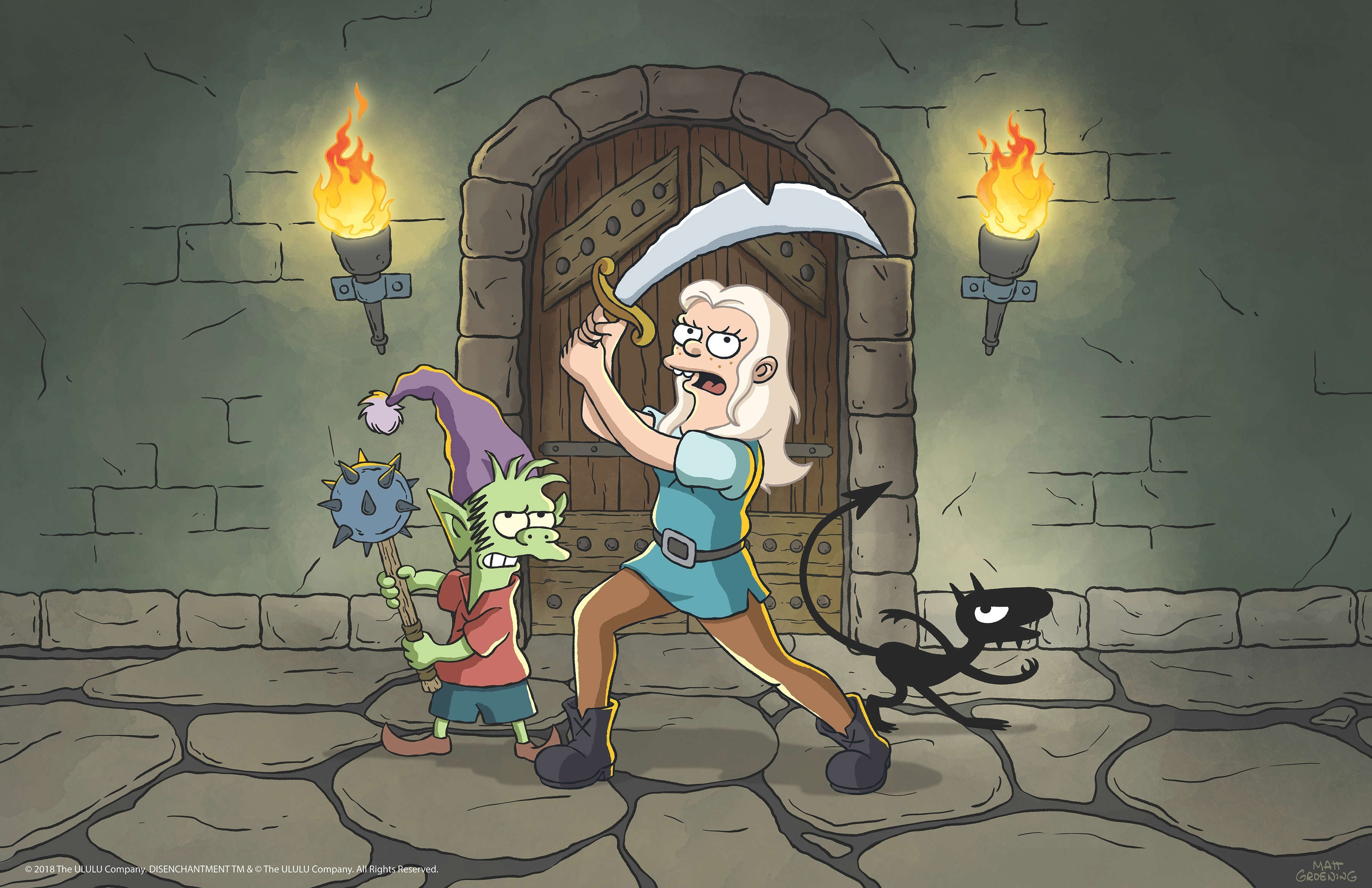 The principal characters in Matt Groening’s Disenchantment, the long-awaited follow-up to Futurama, are (from left)  Elfo (voiced by Nat Faxon), Princess Bean (Abbi Jacobson) and Luci (Eric Andre). - COURTESY OF NETFLIX