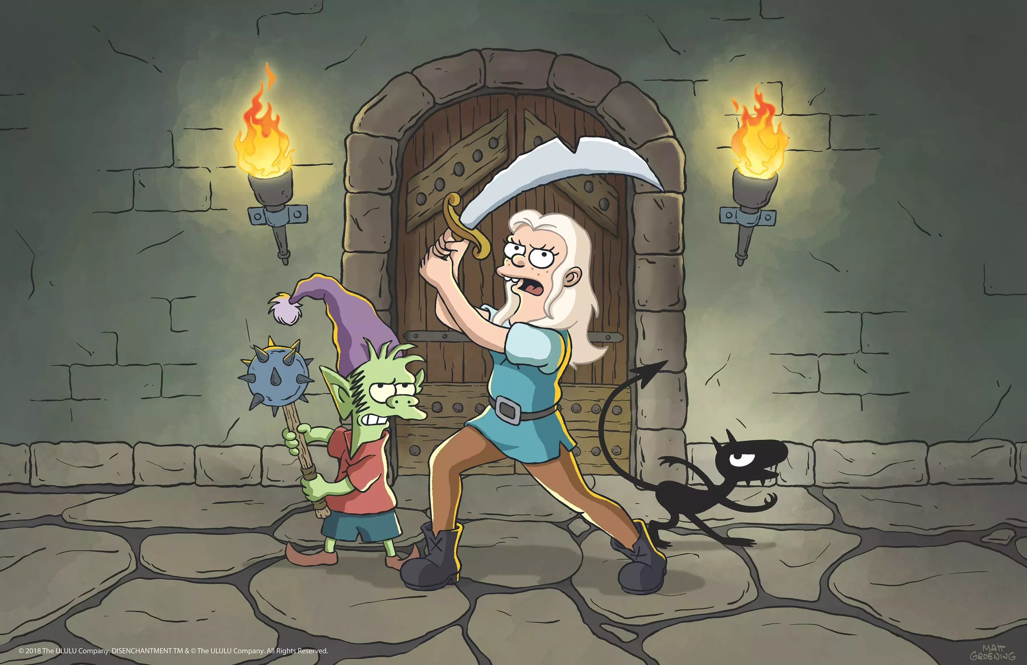 The principal characters in Matt Groening’s Disenchantment, the long-awaited follow-up to Futurama, are (from left) Elfo (voiced by Nat Faxon), Princess Bean (Abbi Jacobson) and Luci (Eric Andre). - COURTESY OF NETFLIX