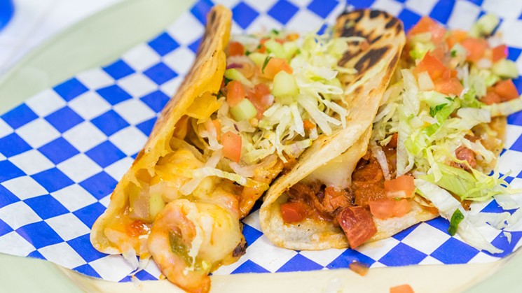Mariscos Ensenada may be better known for ceviche and micheladas, but they also serve a warm and saucy shrimp taco. - SHELBY MOORE