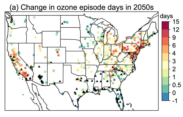 Black triangles show areas where the relationship between increased heat and extreme ozone levels is not very strong. - AGUPUBS.ONLINELIBRARY.WILEY.COM/DOI/FULL/10.1002/2016GL068432
