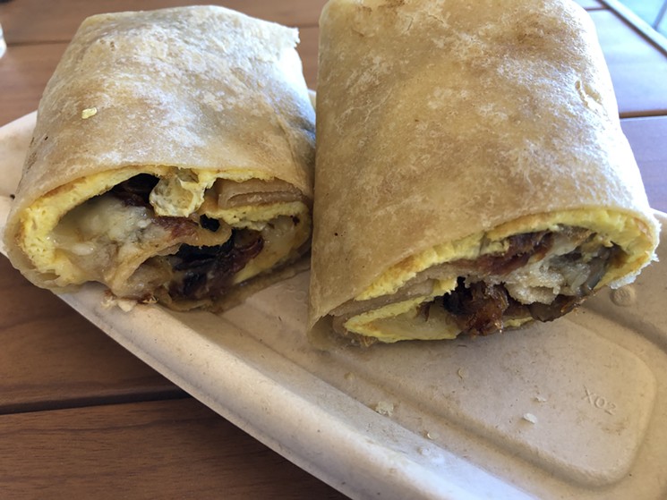 A barbecue breakfast burrito on a white Sonora wheat tortilla. - CHRIS MALLOY