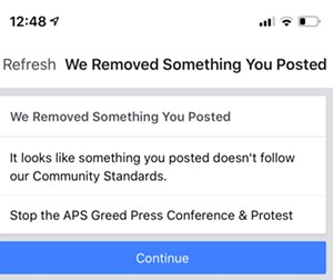 Someone apparently complained to Facebook over Thursday's protest. - FACEBOOK