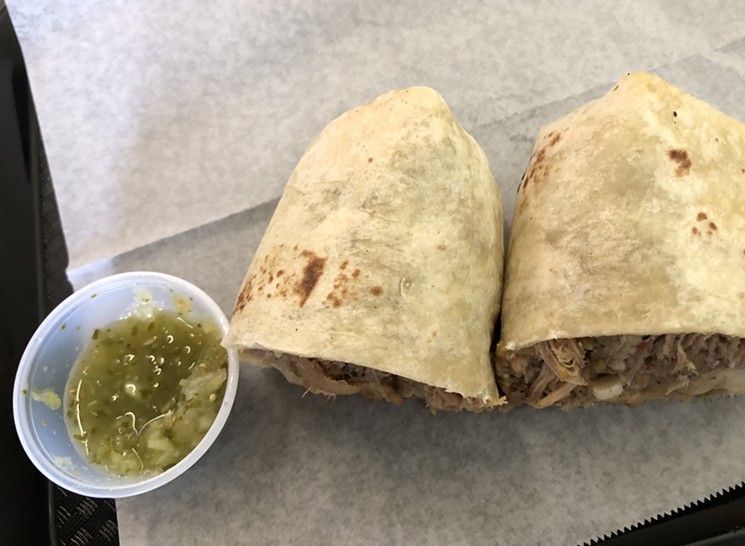 Green chile burrito from Hatch-It, side of salsa at the ready. - CHRIS MALLOY