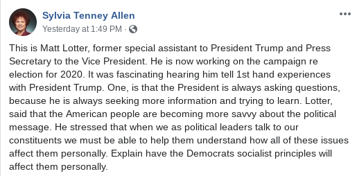 A posting from ALEC's annual conference by Arizona State Senator Sylvia Allen on August 14, 2019 - FACEBOOK