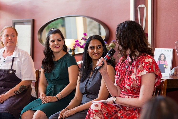 Sasha Raj of 24 Carrots (middle right) on an episode of Radio Cherry Bombe podcast with Samantha Sanz of Talavera (middle left) and Charleen Badman of FnB (left). - TAYLOR JADE PHOTOGRAPHY