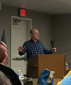 Anti-Muslim conspiracy theorist Carl Goldberg speaks at a meeting of the Yavapai County Republican Women in Prescott, Arizona, on November 26. - ELIZABETH WHITMAN/PHOENIX NEW TIMES