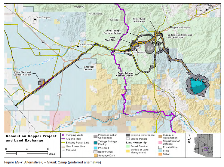 The small, gray bulb near Superior shows where the proposed mine would be. The Forest Service's preferred site for storing waste, at Skunk Camp, is the teal swatch. - U.S. FOREST SERVICE