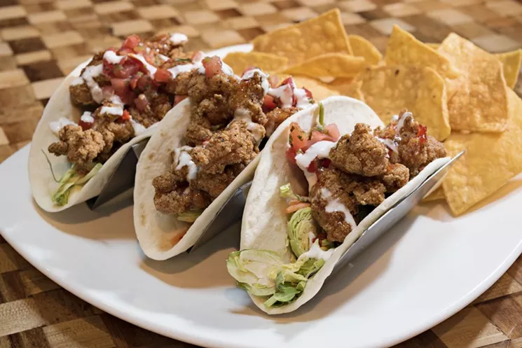 Alligator tacos at the Mesa Bass Pro Shop's, a quirky seafood-themed restaurant that’s attached to the outdoor-gear megastore. - JACKIE MERCANDETTI