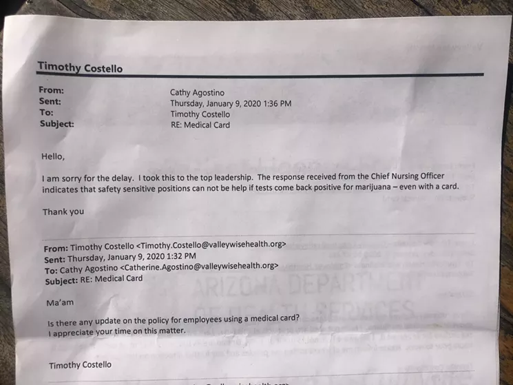 A printout of Timothy Costello's emails with his employer shows his company doesn't protect his right to use medical marijuana. - ALI SWENSON