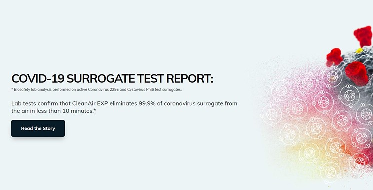 An update on Clean Air EXP's home page now emphasizes that product tests were conducted with coronavirus surrogates; yesterday, the site said the product eliminates coronavirus. - SCREENSHOT FROM CLEANAIREXP.COM