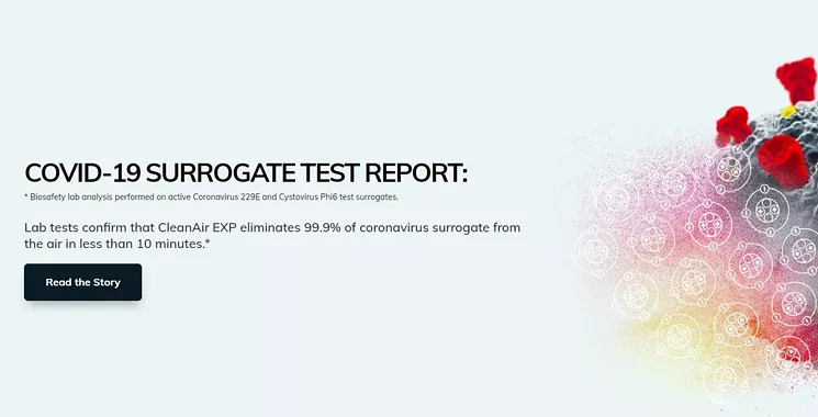An update on Clean Air EXP's home page now emphasizes that product tests were conducted with coronavirus surrogates; yesterday, the site said the product eliminates coronavirus. - SCREENSHOT FROM CLEANAIREXP.COM