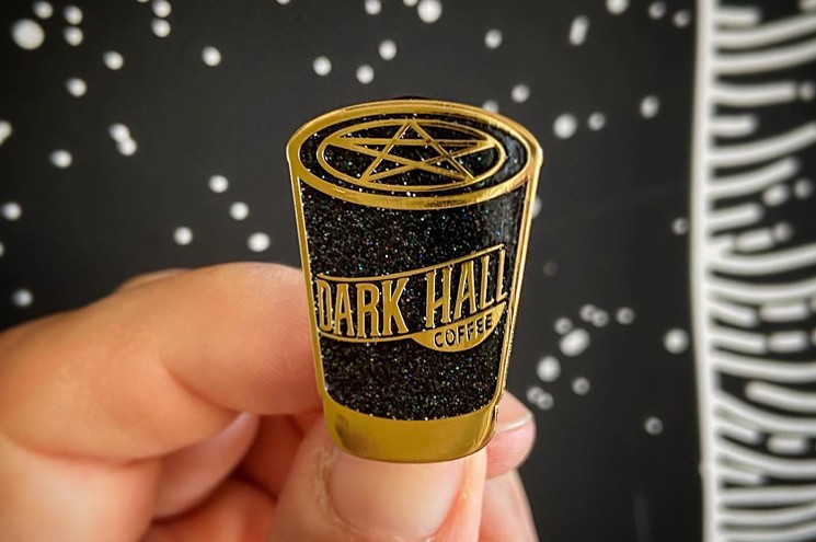 The pentagram latte art enamel pin from Dark Hall Coffee. - EMILY SPETRINO