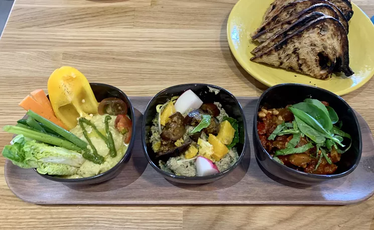 Tasting of Three is hummus, babaganoush, and Sicilian caponata with grilled Noble Bread. - BAHAR ANOOSHAHR