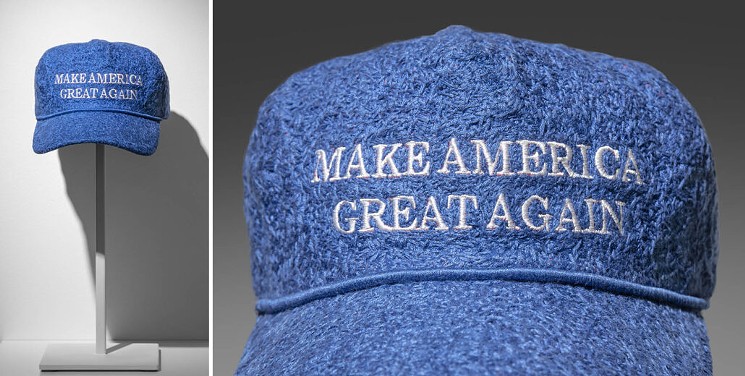 Ann Morton, Blue MAGA, official "Donald J. Trump Make America Great Again Hat — Red Red Cap/Red", blue embroidery floss, 8 x 10.5 x 6 inches, unique. - LISA SETTE GALLERY