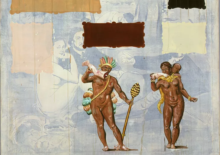 Enrique Chagoya, An Object at the Limits of Language (Un - objeto en los límites del lenguaje), 2000 (detail). Acrylic, oil, amate and linen. Collection of Phoenix Art Museum, Gift of Friends of Mexican Art. - PHOENIX ART MUSEUM