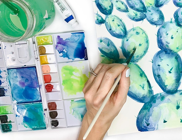 Cactus gets the watercolor treatment at Carrie Curran Art Studios in Scottsdale. - CARRIE CURRAN ART STUDIOS