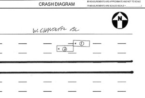 A crash diagram showing the October 8 crash, with Vehicle 1 hitting the Waymo vehicle that came to a sudden stop. - CHANDLER POLICE