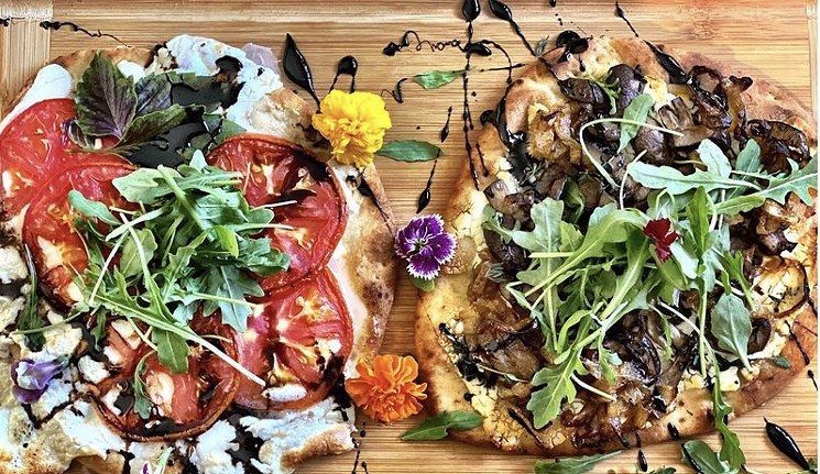 What's to come: Margherita flatbread and caramelized onions, mushroom, and goat cheese with bourbon balsamic. - CHIC CHEF CO.