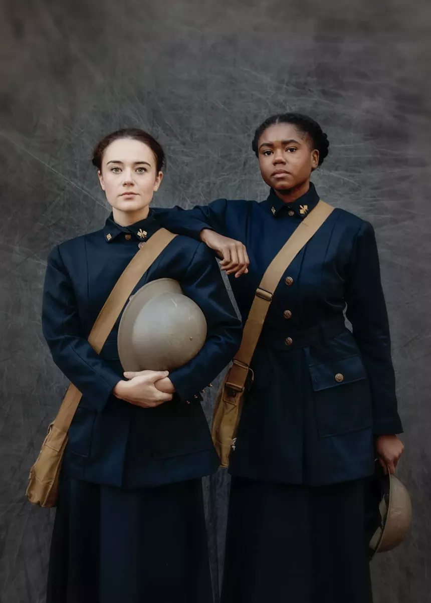 Rosemarie Chandler as Grace Banker and Gabrielle Smith as Suzanne Prevot in The Hello Girls at Phoenix Theatre Company. - REG MADISON PHOTOGRAPHY
