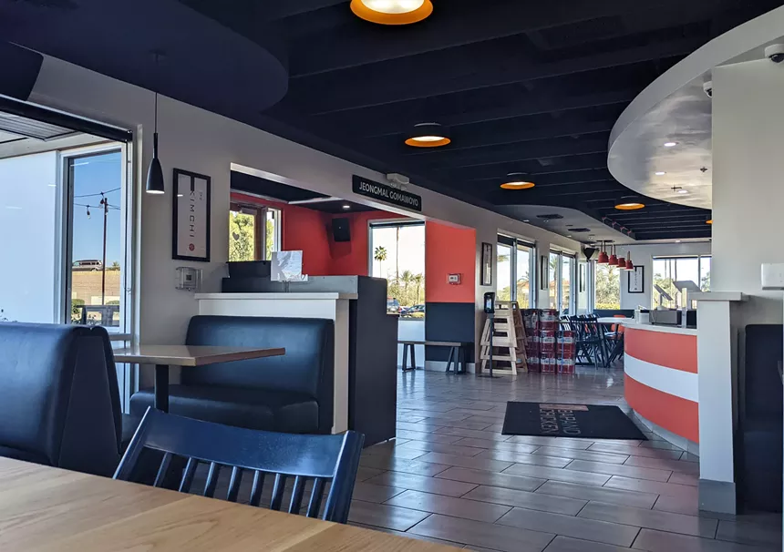 The interior of Bap and Chicken is bright and clean. Orders are placed at the counter, leaving plenty of room for Monday night karaoke. - ALLISON TREBACZ