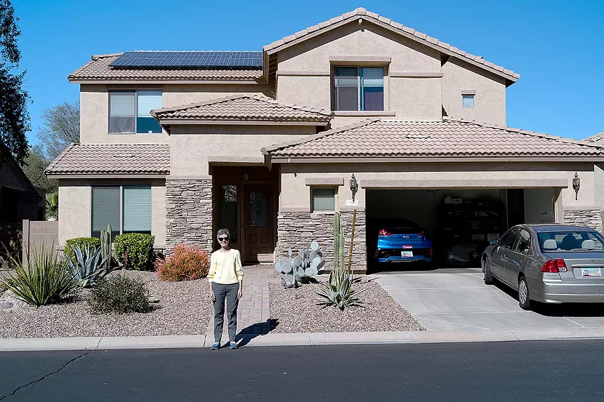 Arizonans for Community Choice Director Shelley Gordon at her solar-panel-equipped Mesa home: “There’s all this solar in Arizona and we’re not using it.” - JAMES DEAK