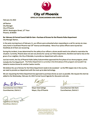 Several councilmembers and mayor Kate Gallego submitted a letter to the council, requesting the drone program be expedited. - CITY OF PHOENIX