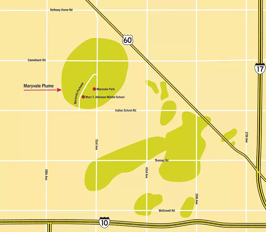 The area of underground contamination that Arizona Department of Environmental Quality recently discovered. - NEW TIMES MAP BASED ON ARIZONA DEPARTMENT OF ENVIRONMENTAL QUALITY DATA