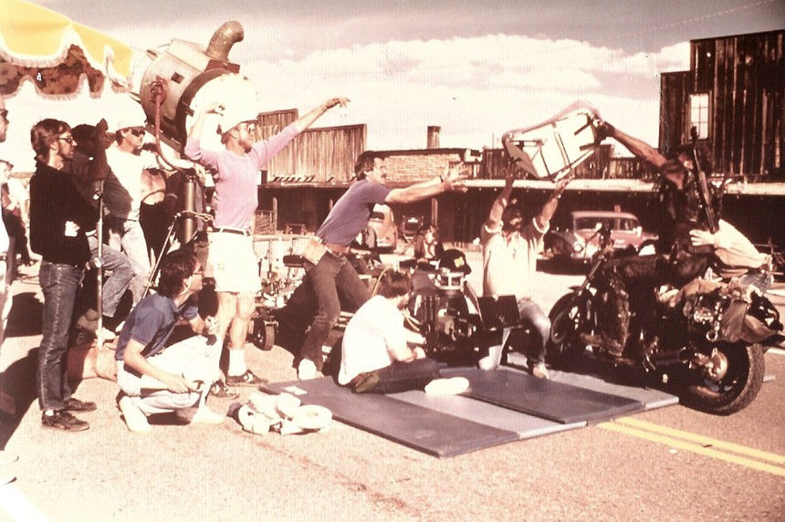 Raising Arizona's crew filming a scene at the now-demolished Reata Pass Steakhouse in Scottsdale. - COURTESY OF JULIE ASCH KAREUS