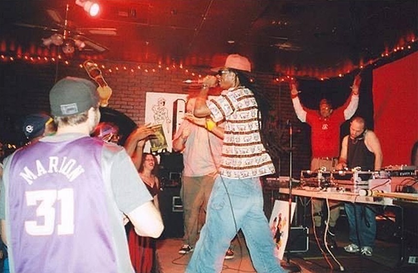 Z-Man, Sacred Hoop, Eddie K, and DJ Quest performing at the Priceless Inn during the Blunt Club's first-ever show. - JES JORDAN