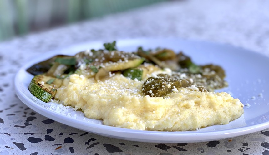 The Lite Bites menu features polenta served with poblano-tomatillo sauce and roasted vegetables.  - ALLISON YOUNG