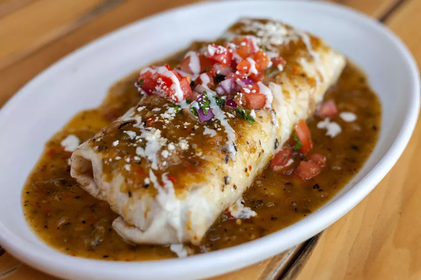 A green Chile breakfast burrito will go well with Dad's bloody mary at Blue Clover Distillery. - LINDSEY HAHN