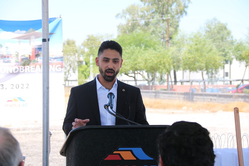 Drew Burtoni, Development Manager for Mekong Real Estate Investment Group, speaks at the groundbreaking ceremony on July 13. - COURTESY OF THE CITY OF MESA
