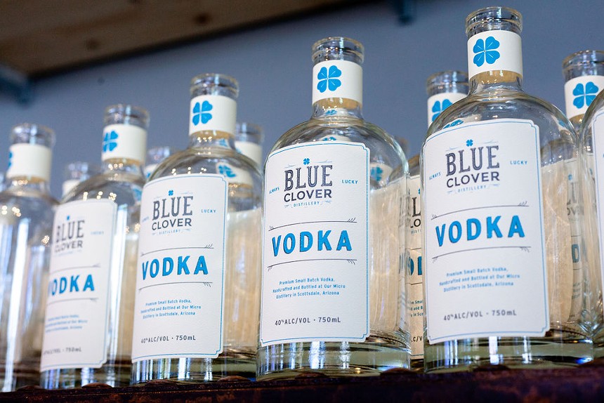 Bottles of Blue Clover vodka.