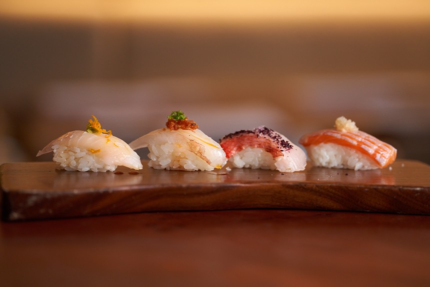 Four pieces of sushi at Uchi.