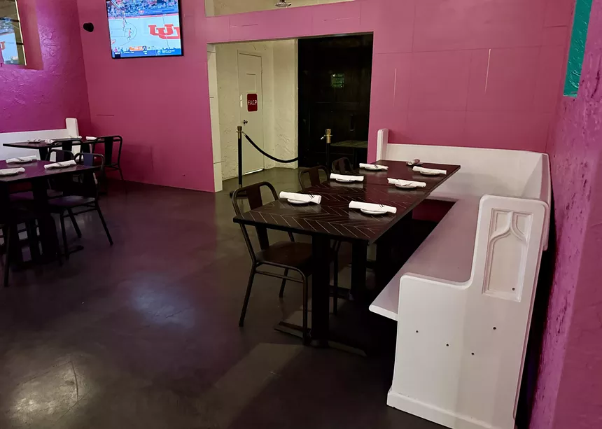 Pink dining room area at Hugos.
