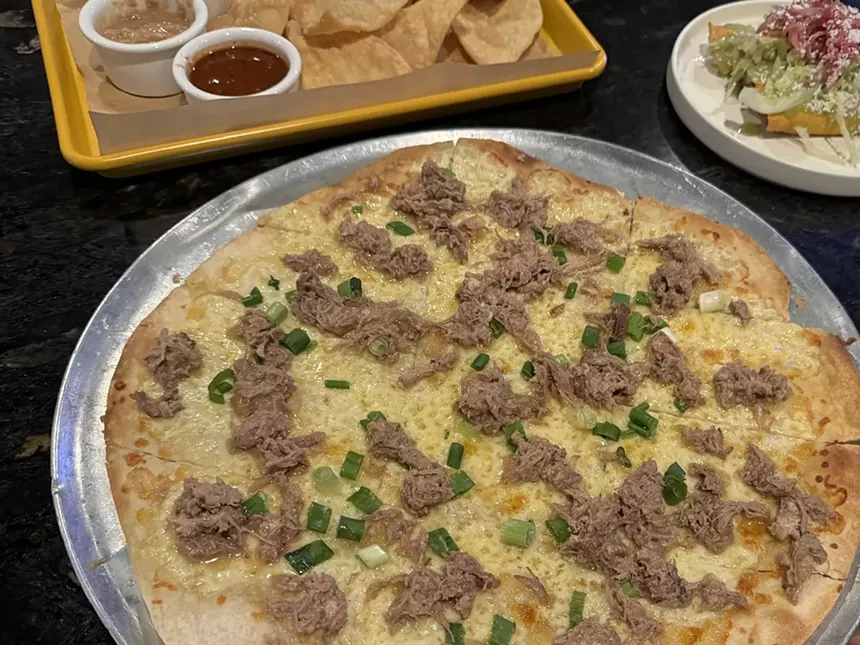 Cheese crisp with duck carnitas at Hugo's.