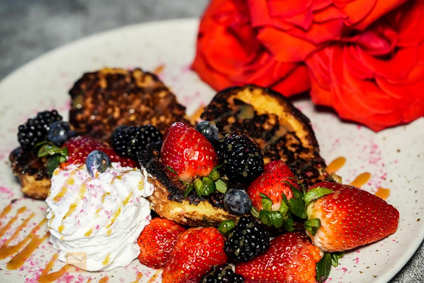 French toast with fruit and flowers.