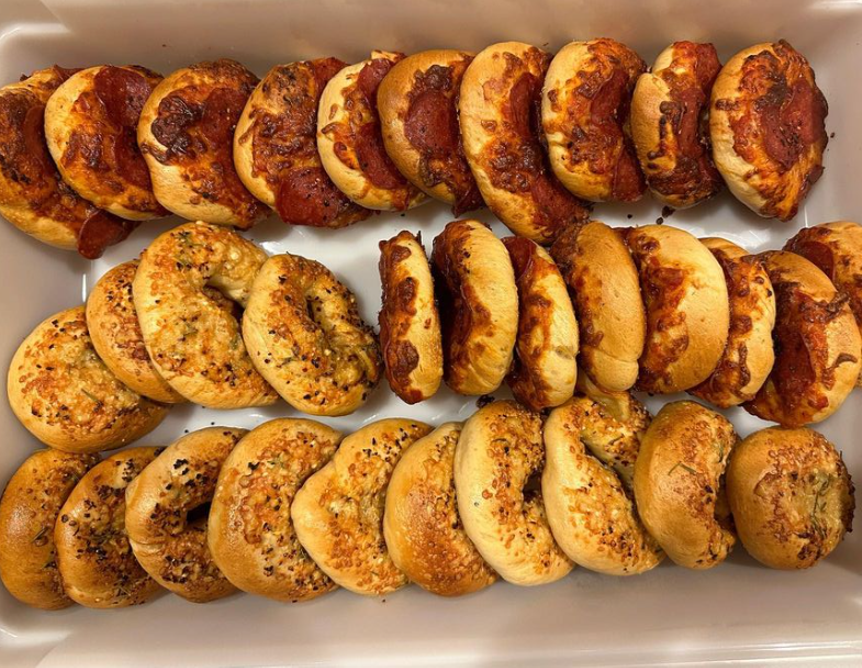 Bin filled with bagels.