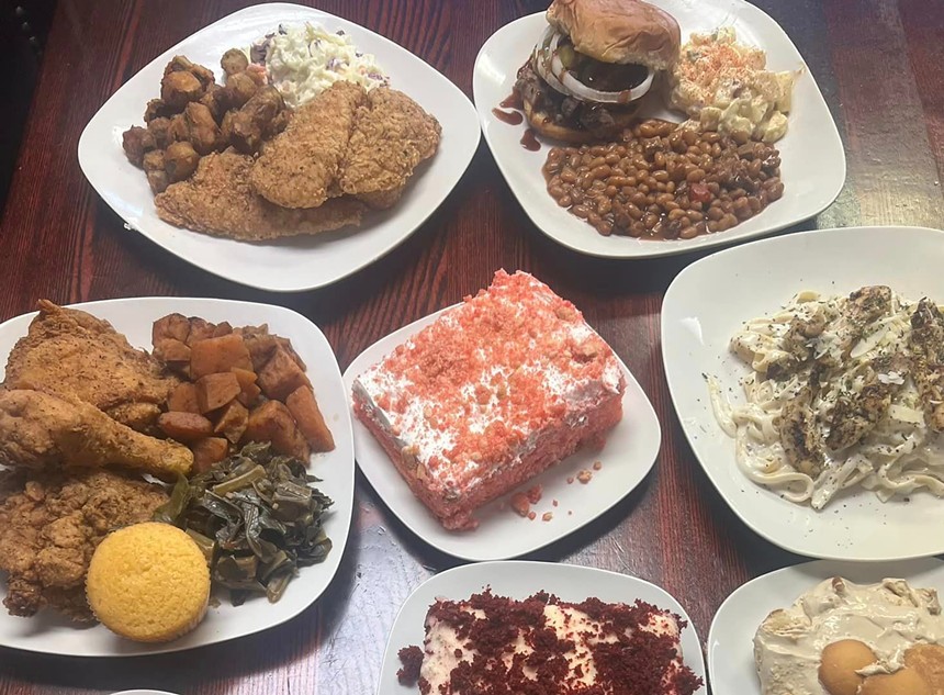 A spread of plates and desserts from Charlie Mae's Southern Bistro.